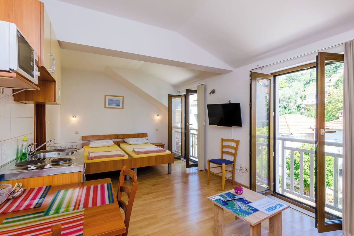 Een kleine kamer met een bed, een bureau, een stoel, een televisie en een raam met uitzicht op groen.