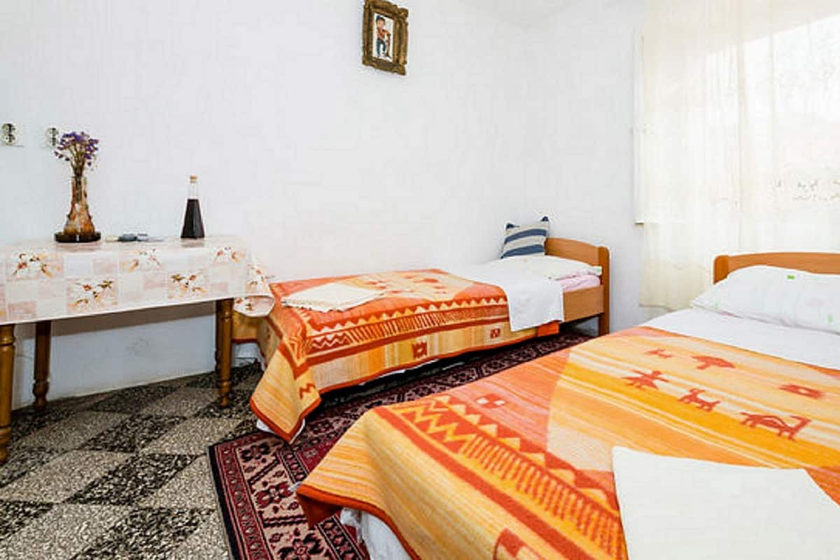 A room with two beds, a table with a vase, and a patterned rug.