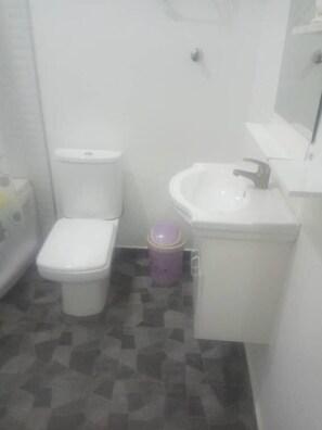 A small bathroom with a toilet, sink, and a trash bin. - Ama Serwaa Lodge (Taifa)