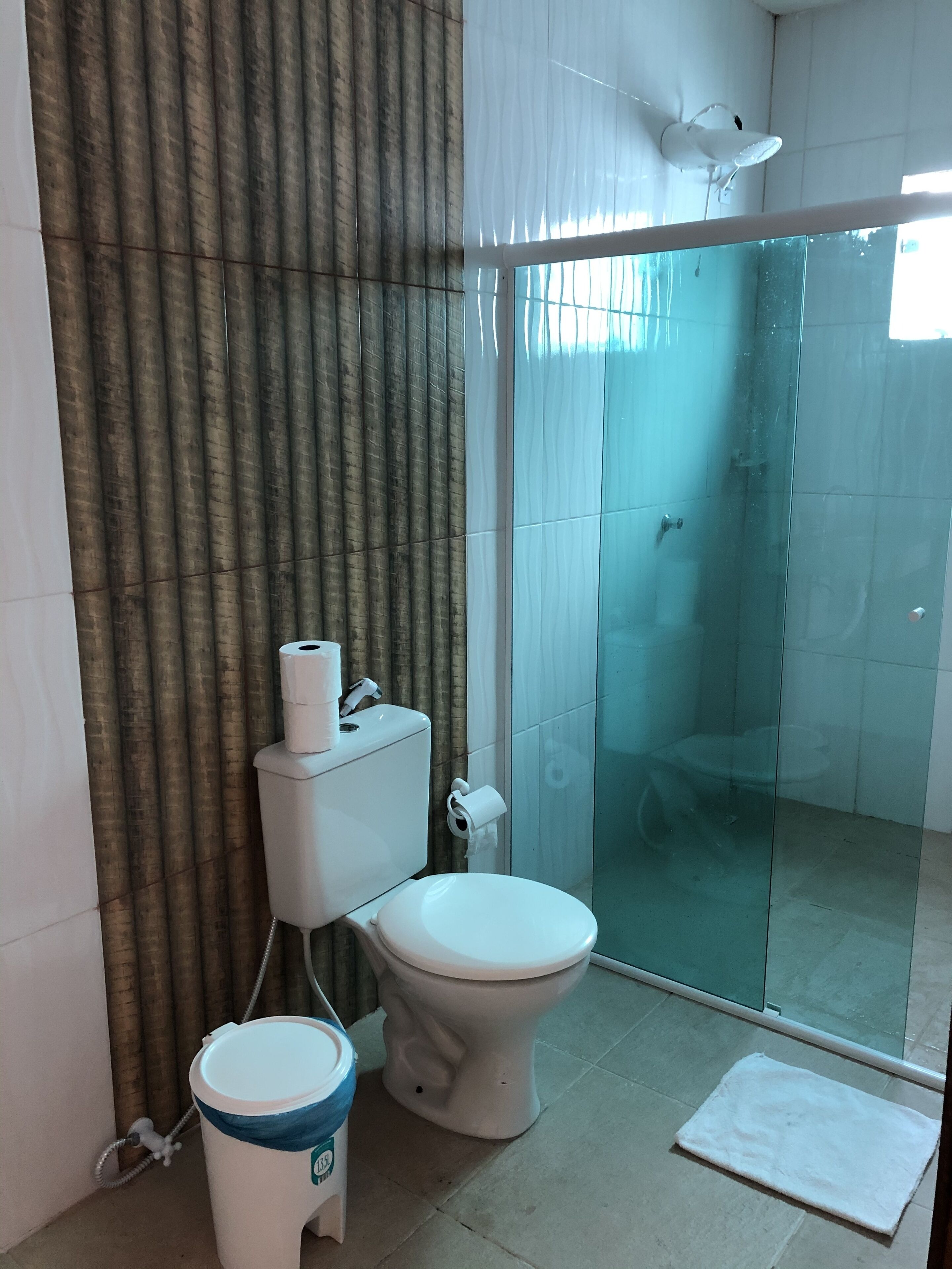 Baño con inodoro, bidé, cabina de ducha de vidrio y felpudo para toallas.