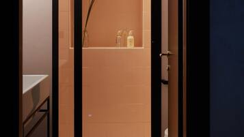 Shower, rainfall showerhead, hair dryer, slippers