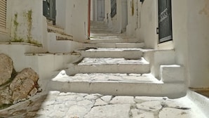 A narrow, stone-paved alleyway with white walls and green shutters.