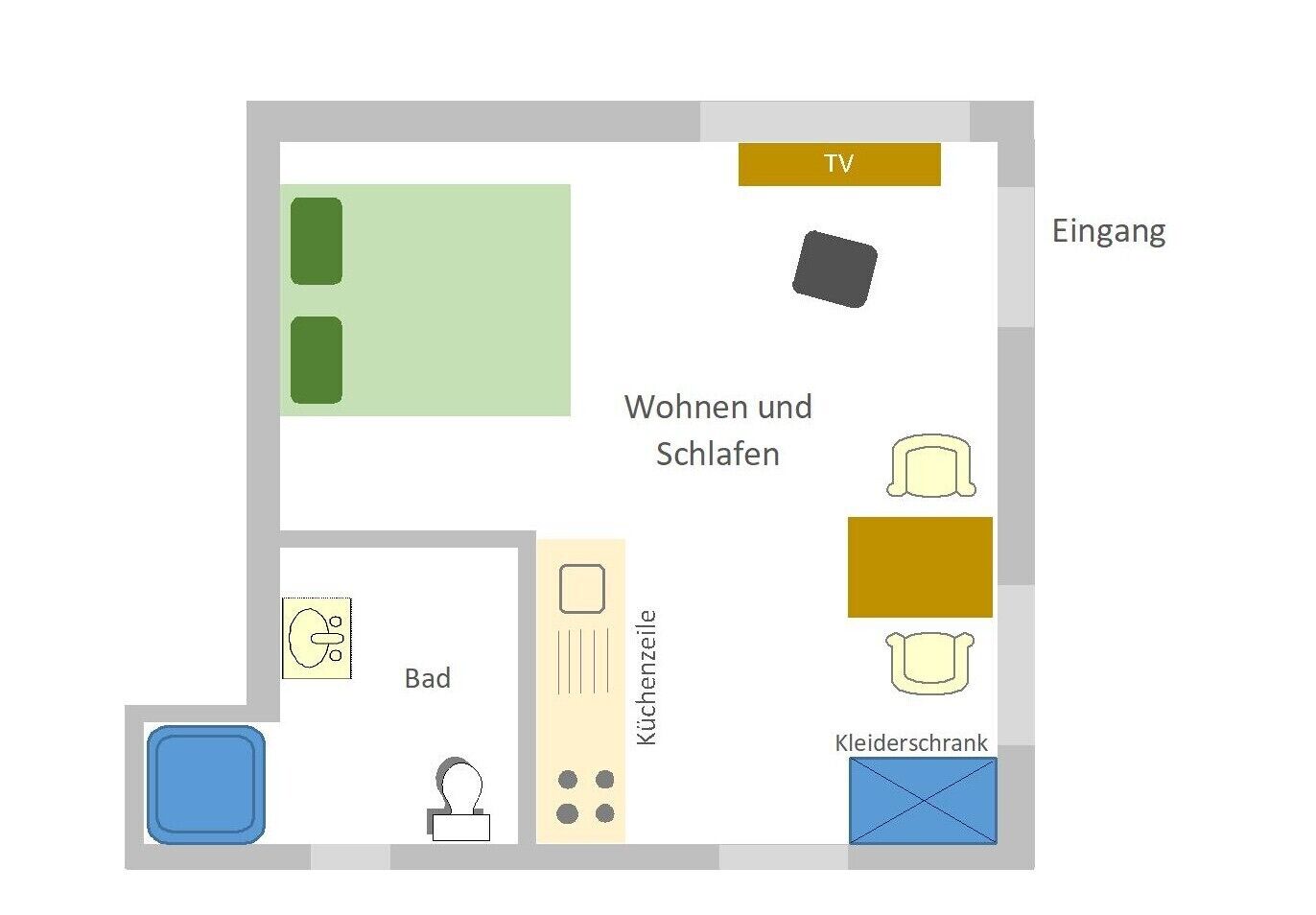 A room layout with a TV, TV stand, kitchenette, and storage closet.