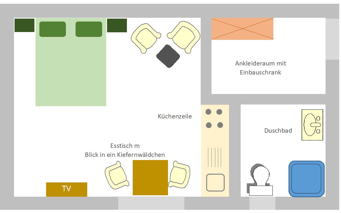 A hotel room layout with a TV, a desk with a chair, a bed, a wardrobe, a window, and a bathroom.