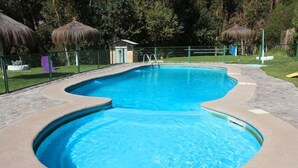 Ein Pool mit geschwungener Kante, umgeben von einer Steindeck und einem Metallzaun.