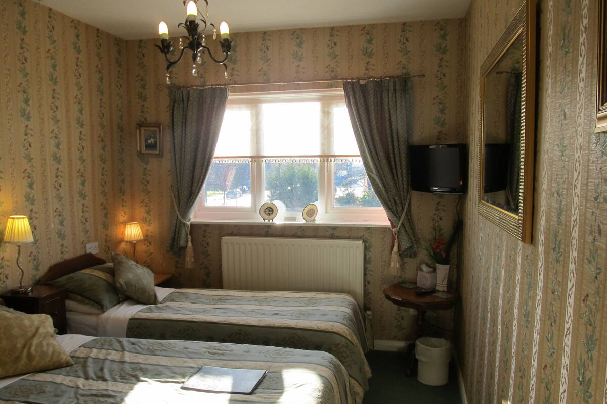 Un dormitorio con dos camas, una ventana con cortinas, un radiador, un televisor y un espejo en la pared.