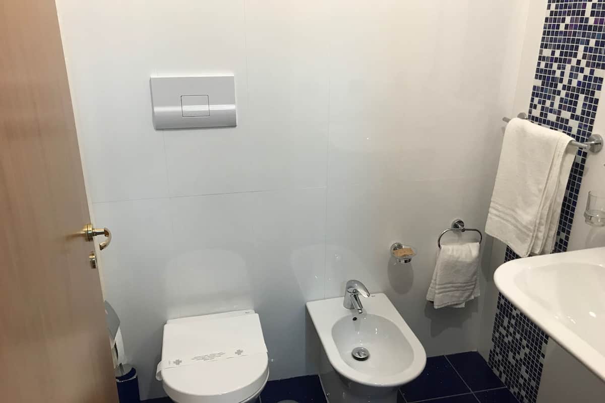 Une salle de bain équipée de toilettes, d’un bidet et d’un lavabo.