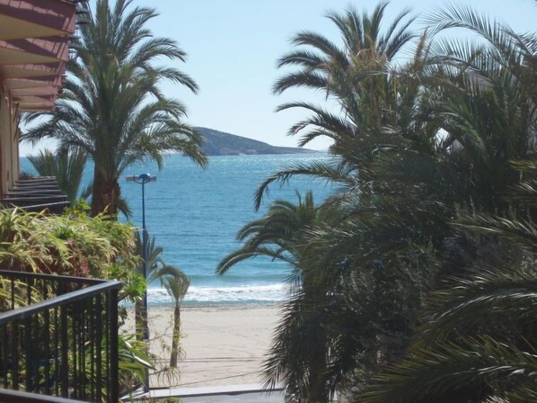 A view of a beach with palm trees and a staircase leading down to the shore.