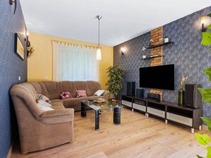 Televisión, chimenea y reproductor de DVD 