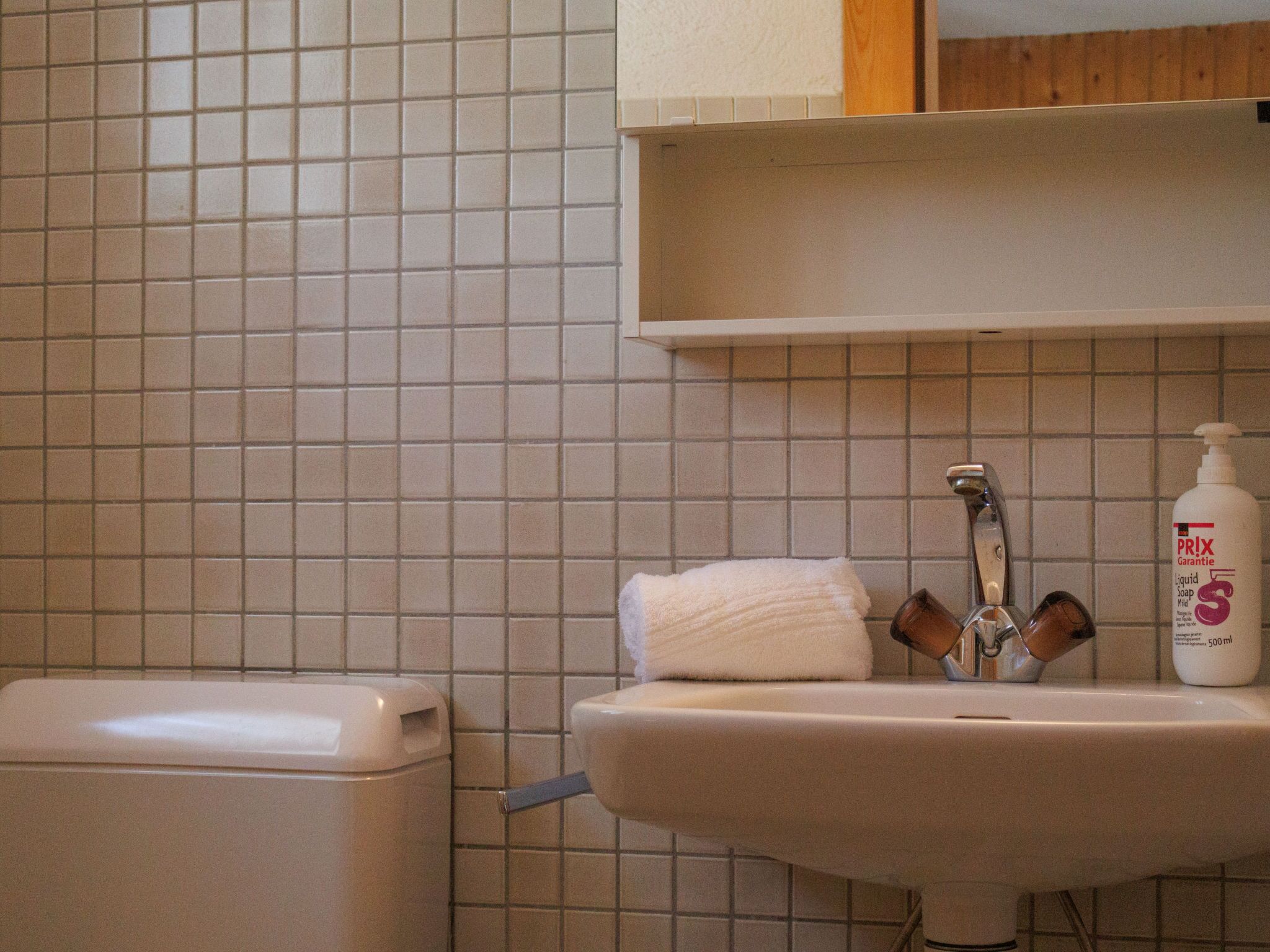 A bathroom with a toilet, sink, and a bottle of liquid soap.