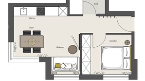 A floor plan of a hotel room with a kitchenette, a dining area, a living room, and a bathroom. - Modern apartment near downtown (Munich)