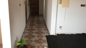 Un couloir avec des carreaux de sol à motifs, une plante en pot, un canapé noir et une porte avec un interrupteur.