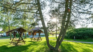 Un parque con mesas de picnic y refugios de madera, rodeado de árboles y un cielo despejado.