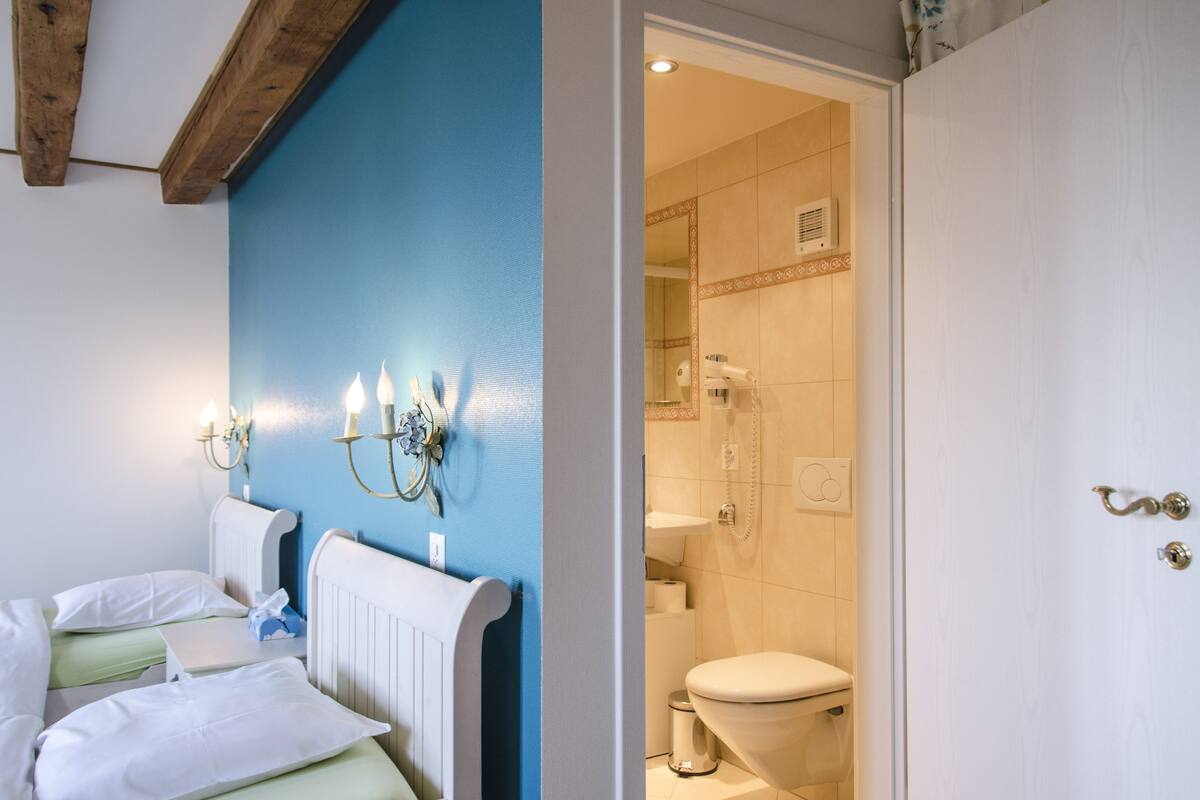 superior twin room, lake view | bathroom | shower, free toiletries, hair dryer, slippers