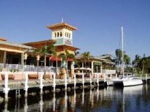 A waterfront property with a tower, docked boats, and a clear sky. - Luxury Pool Spa Home with Spectacular Water View! (Cape Coral)