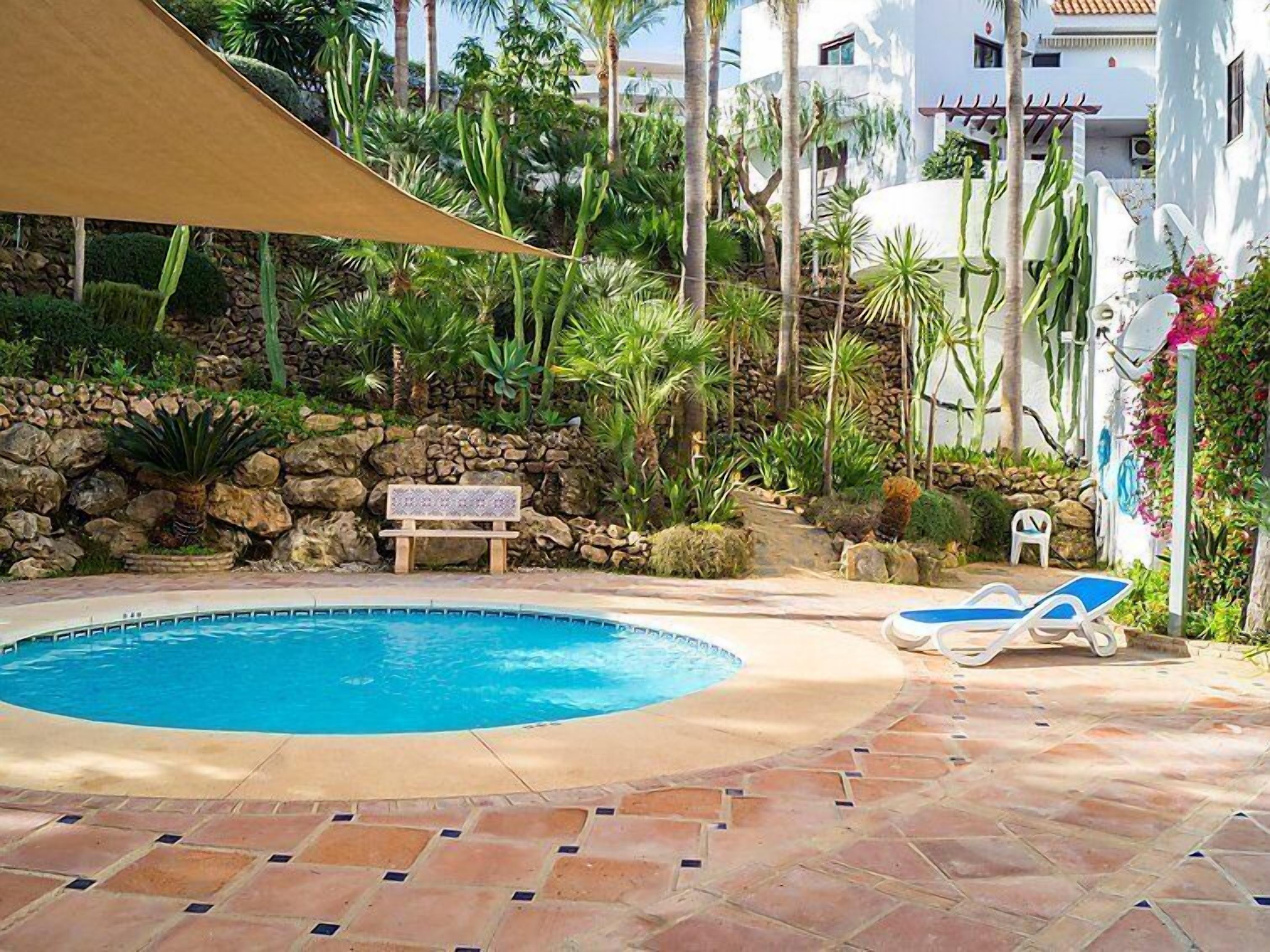 Una piscina con borde de baldosas de piedra, rodeada de plantas tropicales y un muro de piedra.