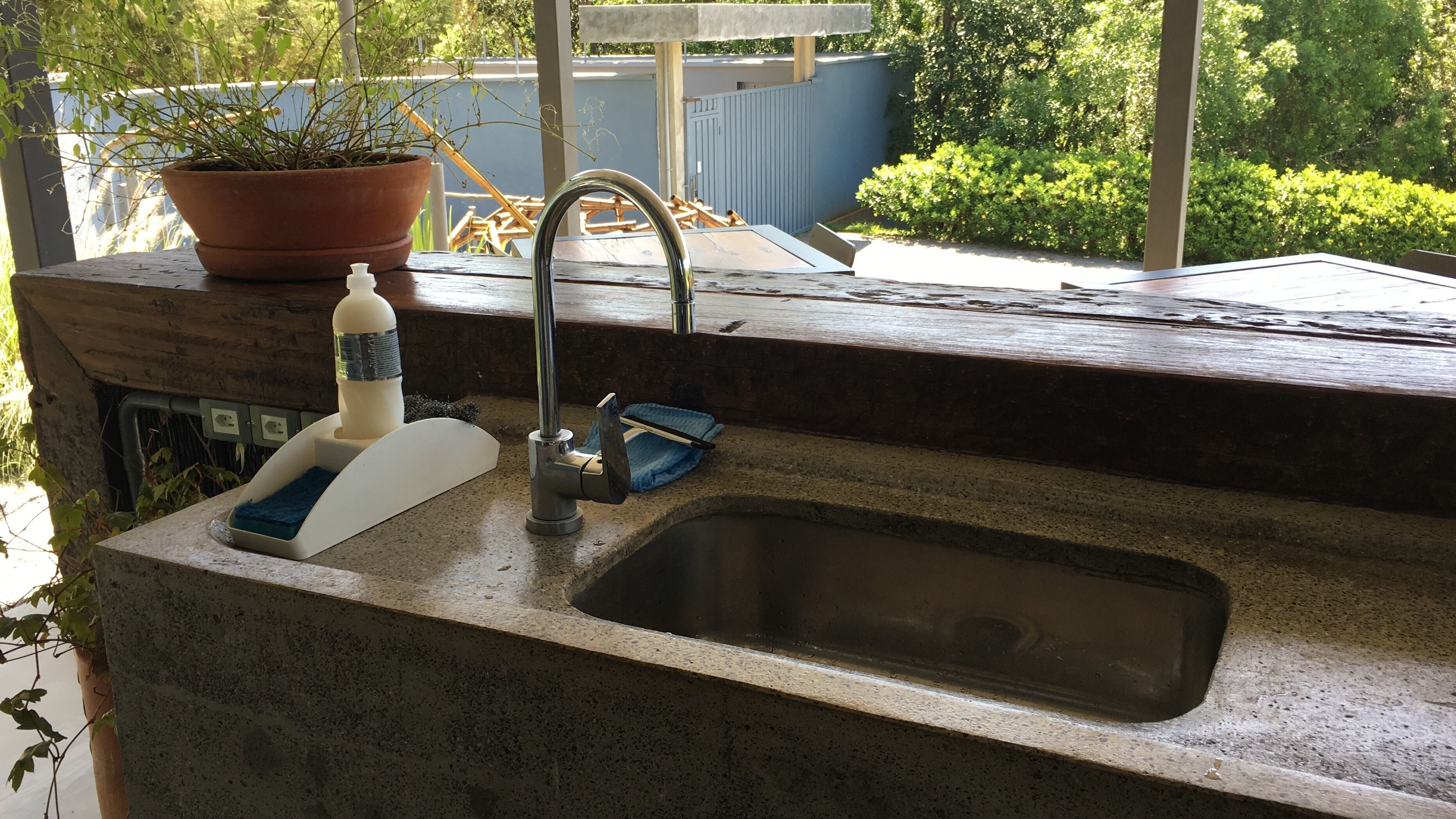 A kitchen with a sink, a potted plant, and a bottle of dish soap.