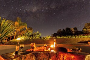 Cena noturna com céu estrelado, um banco de madeira, uma garrafa e uma taça de vinho.