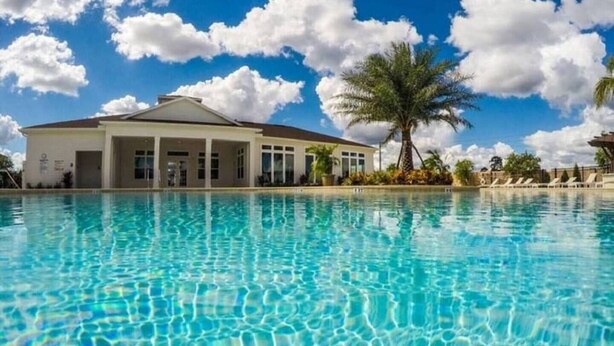 Una piscina con agua azul cristalina, un edificio blanco con grandes ventanales y una palmera al fondo.
