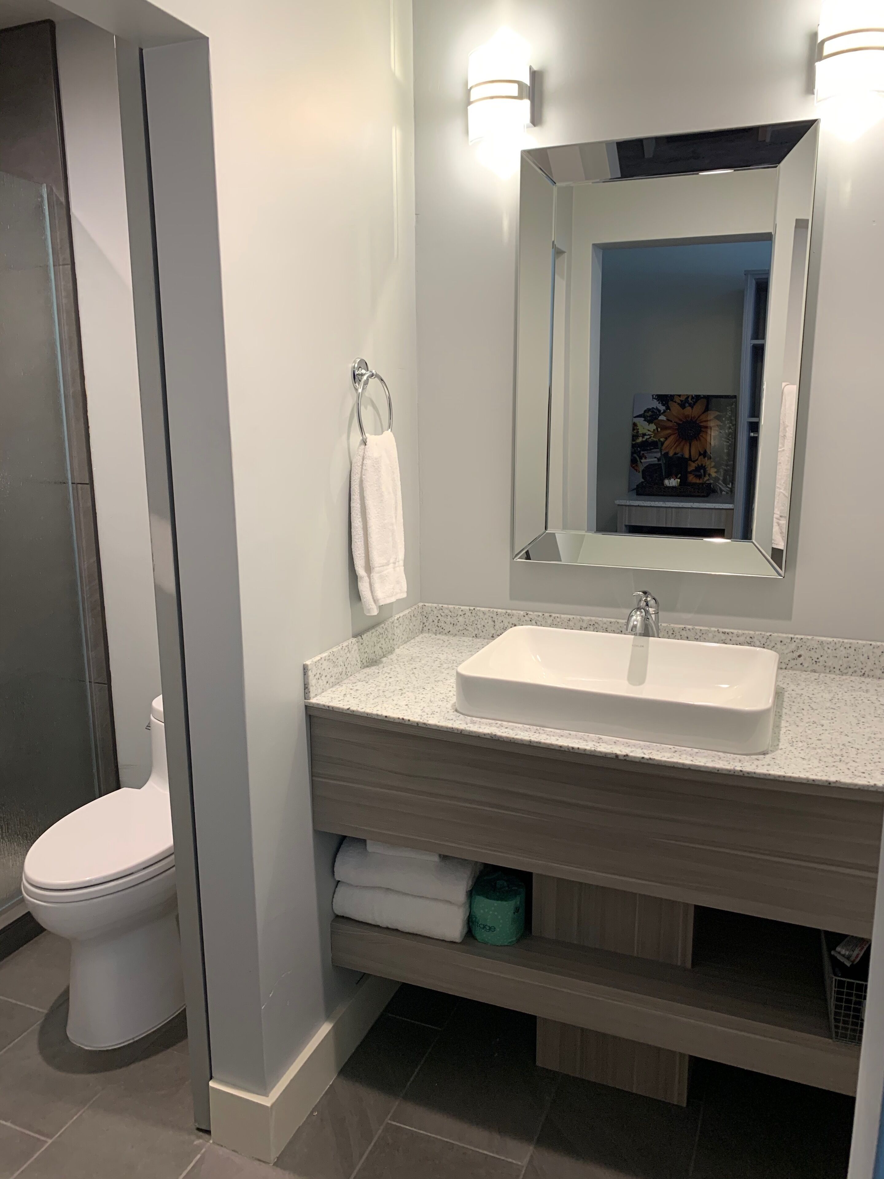 shower, free toiletries, towels, soap