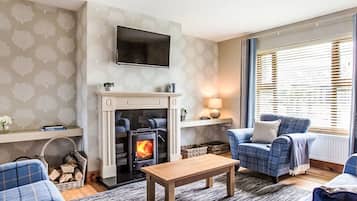 Een televisie en een open haard