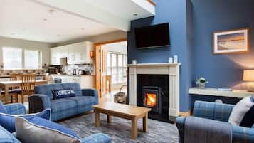 Een televisie en een open haard