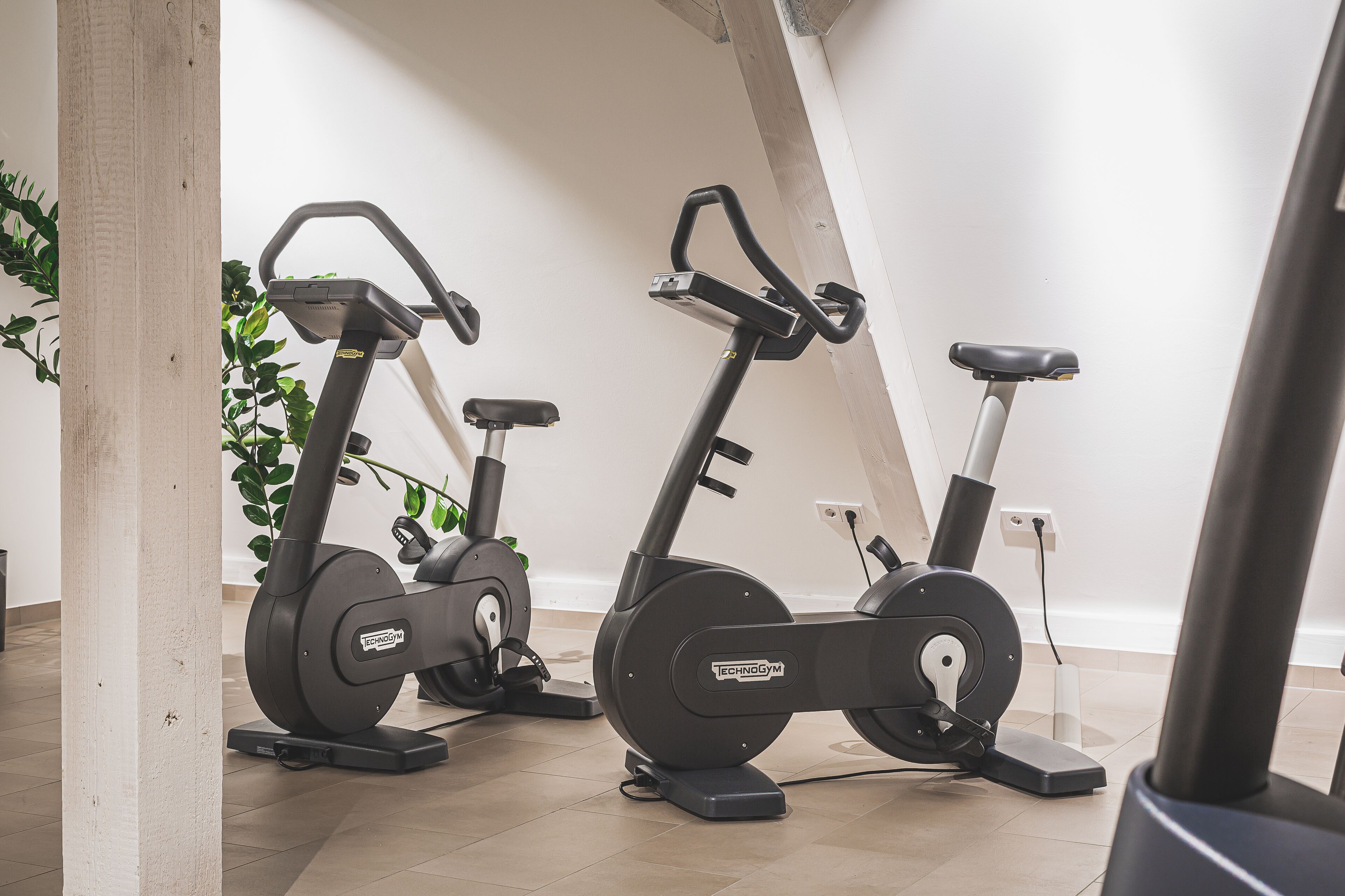 Three stationary bikes in a room with a tiled floor and a plant in the background.