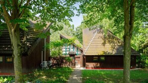 Ein traditionelles Holzhaus mit Ziegeldach, umgeben von einem Garten mit einem gepflasterten Weg.