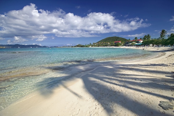 On the beach, sun-loungers, beach towels