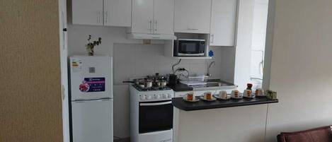 Fridge, microwave, oven, coffee/tea maker