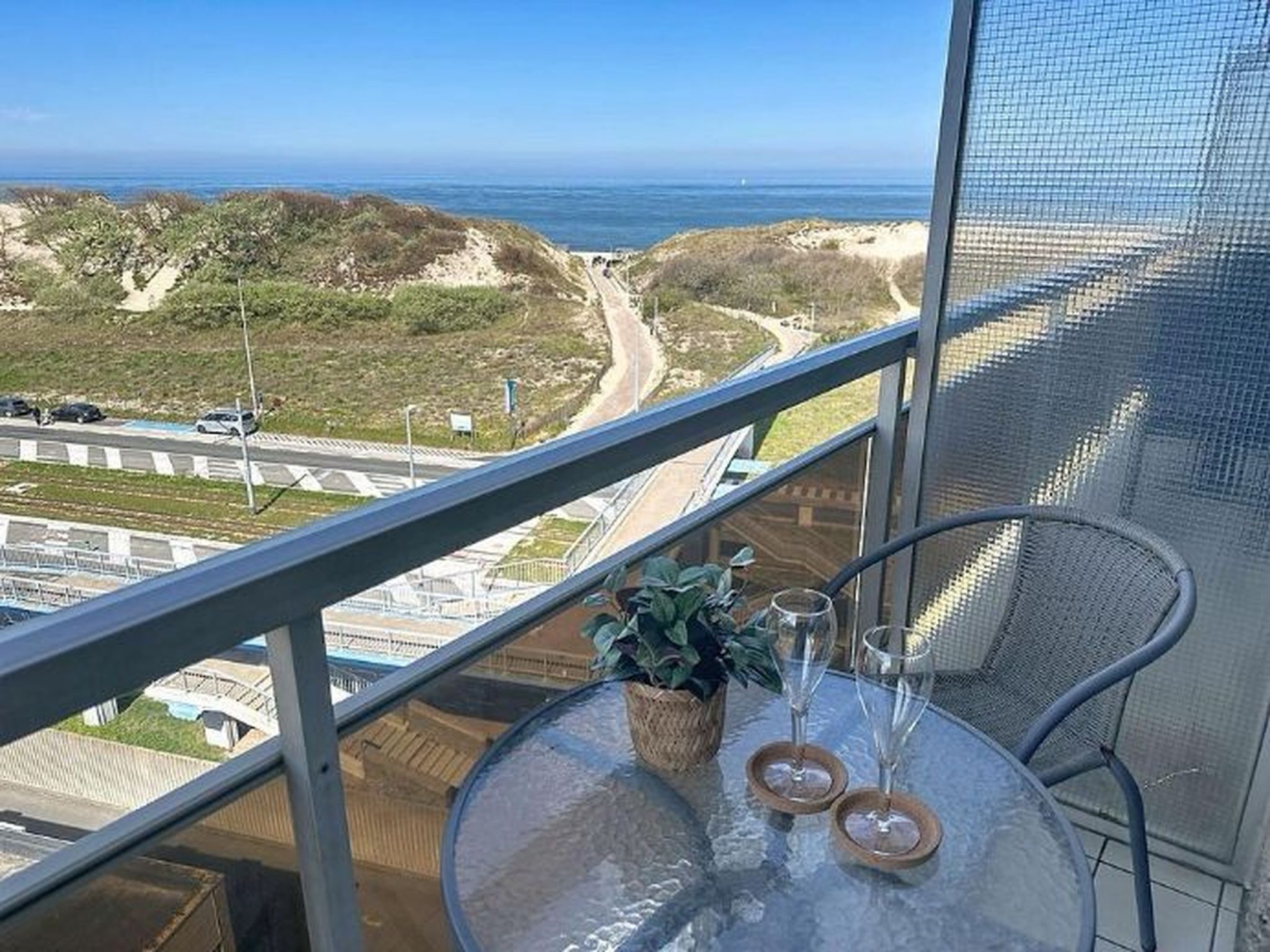 A balcony with a glass table, two wine glasses, and a potted plant.