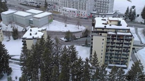 A large, multi-story building with a symmetrical facade, surrounded by snow-covered terrain and trees. - Allod Park Haus C 106 by Interhome (Davos)