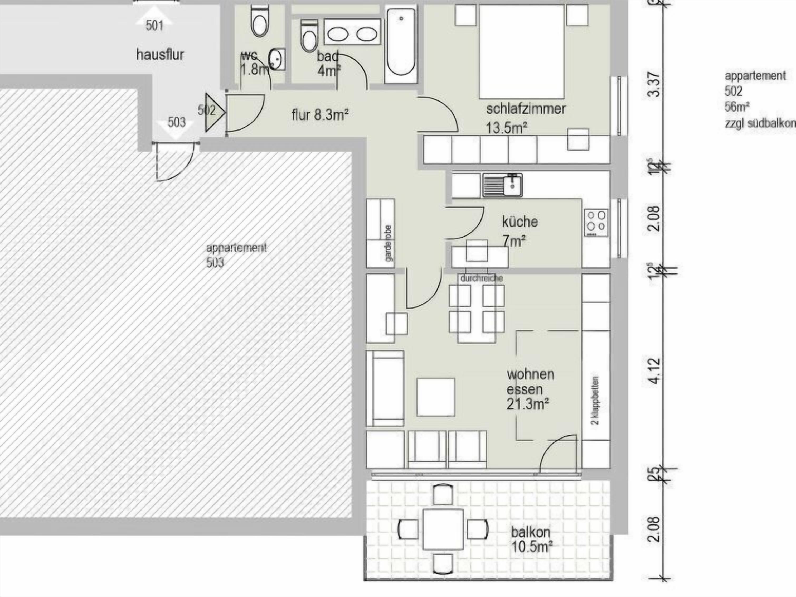 A floor plan of an apartment with a living room, kitchen, bathroom, and balcony.
