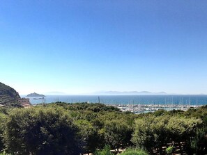 Un paysage côtier avec un port de plaisance, une végétation luxuriante et des montagnes à l’horizon.