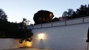 Piscina com deck revestido em azulejos e tapete verde, cercada por um muro branco e uma árvore.