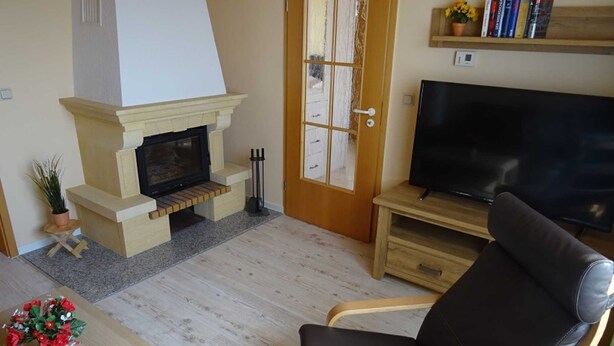 Ein Wohnzimmer mit Kamin, Fernseher, einer Couch und einem Bücherregal.