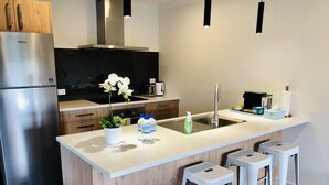 A modern kitchen with a stainless steel refrigerator, a central island with bar stools, a sink, and a potted orchid. - Central Park Gemini Apartments (Hamilton)