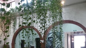 An indoor dining area with tables and wicker chairs, surrounded by arches and hanging plants. - Hotel Via Real (Atotonilco el Alto)