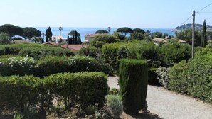 A landscaped garden with a gravel path, dense greenery, and a view of the sea in the background. - Riva Bella by Interhome (Cavalaire)
