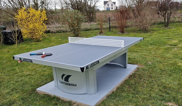 A Cornilleau ping pong table in an outdoor setting with a grassy lawn and trees in the background. - Vacation home Ankerplatz for rent in the Baltic seaside resort of Rerik - Holiday home Ankerplatz (Rerik (Ostseebad))