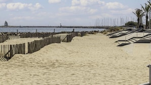 A sandy beach with a wooden fence, a palm tree, and a lighthouse in the background. - du Parc I by Interhome (La Grande Motte)