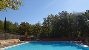Uma piscina retangular com borda curva, rodeada por um deck de madeira e um muro de tijolos baixo.