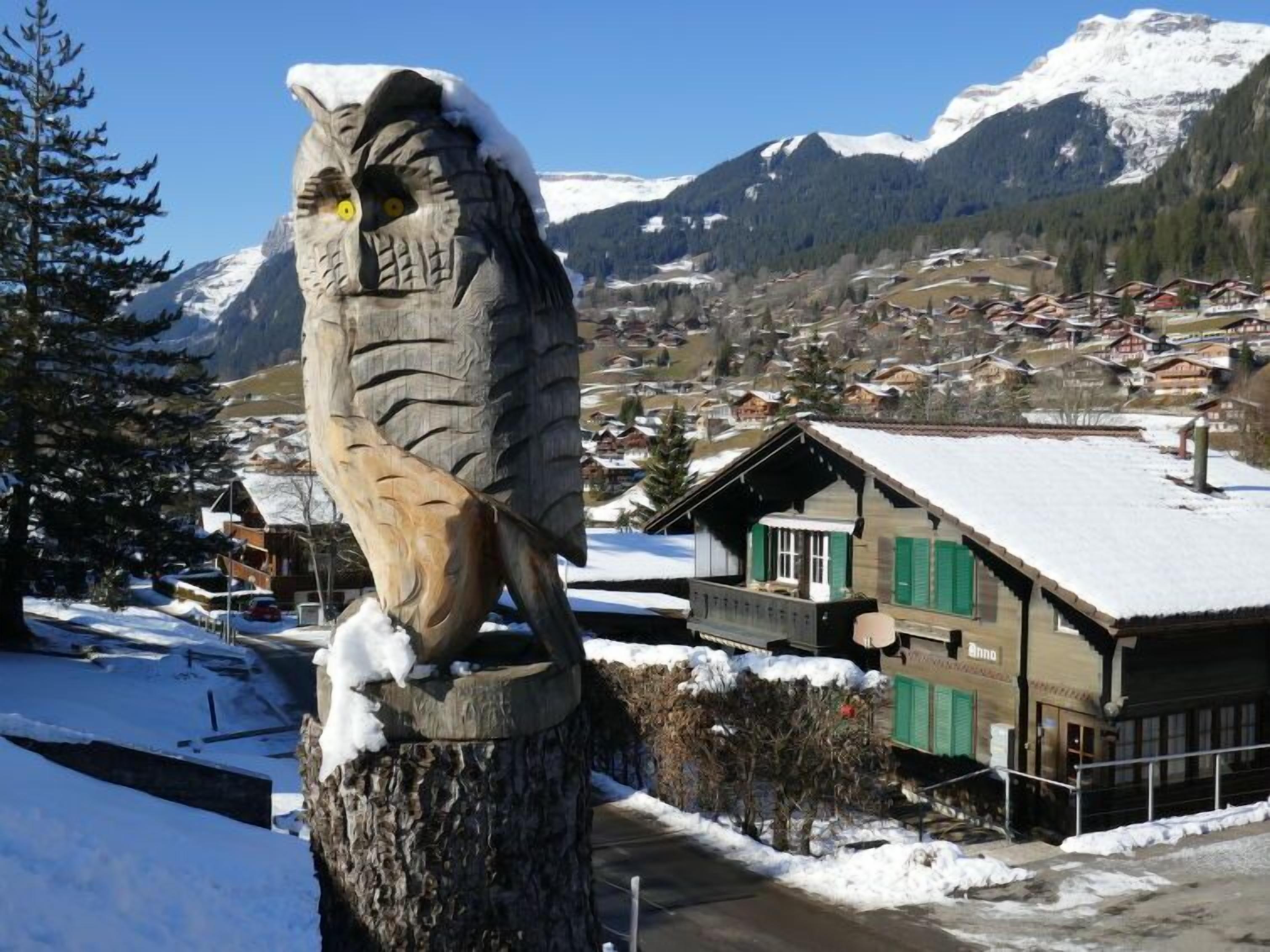 Una scultura in legno di un gufo su un ceppo, con un edificio innevato e montagne sullo sfondo.