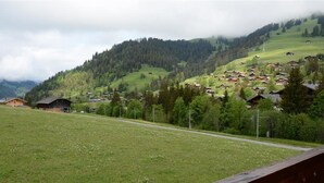 A rural landscape with a road, houses, and a forested hill.