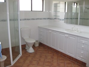 Une salle de bain avec des toilettes, une douche et un lavabo.