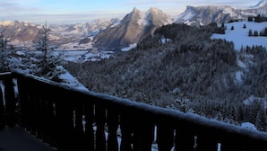 A mountain landscape with snow-covered trees and a clear sky.