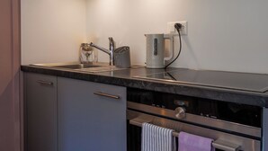 Eine moderne Küche mit Spüle aus Edelstahl, einem Wasserkocher und einem Einbauofen.