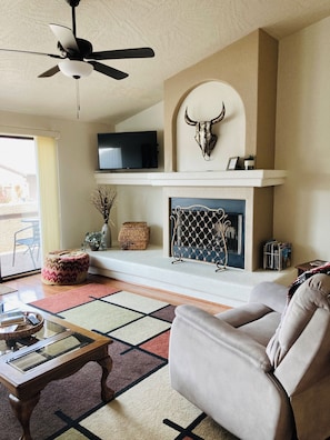 Smart TV, chimenea y libros