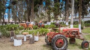 A vintage tractor and horse-drawn carriage in a garden setting with trees and a white fence.