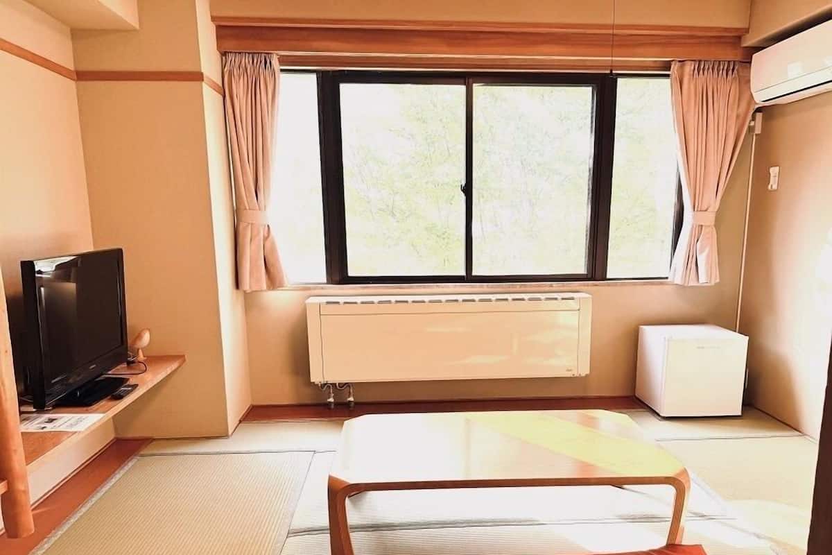 Una habitación con cama, televisión, radiador y ventana con cortinas.
